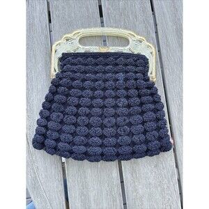 Vintage 1950's Black Crochet Evening Bag Peacock Acrylic Handle with UV Glow